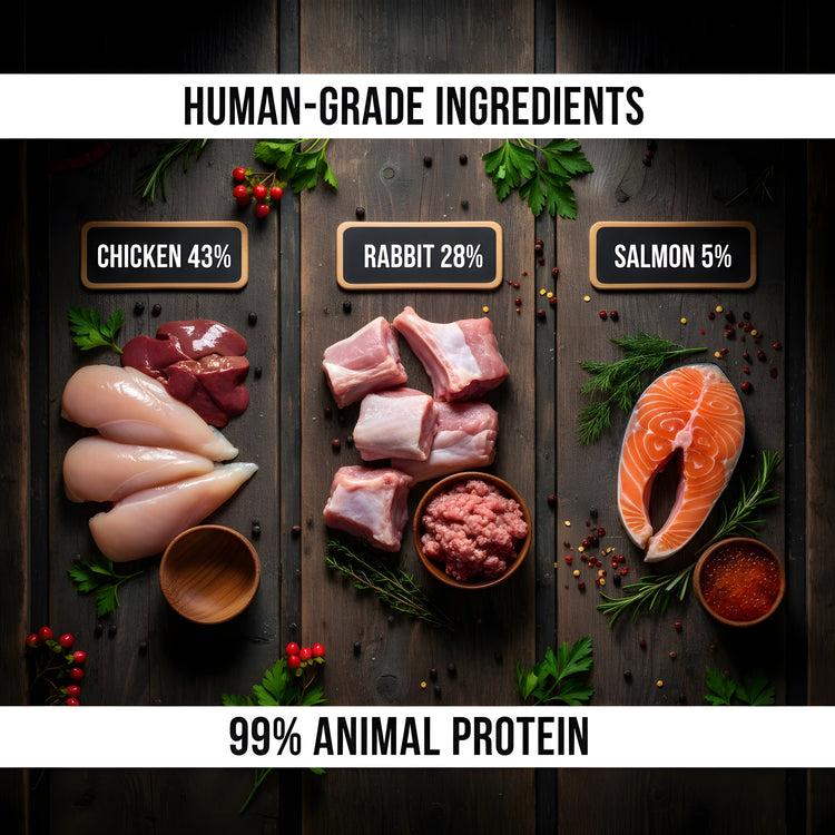 Human-grade ingredients for Felina Rabbit cat food showcasing chicken, rabbit, and salmon highlighting 99% animal protein.