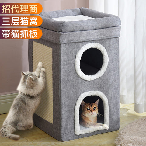 Three layer cat house with cotton mat and scratching post