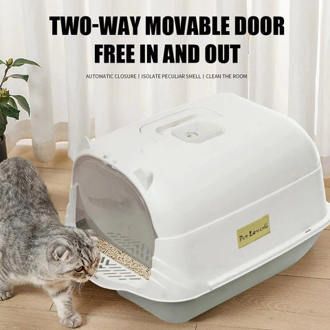 Fully enclosed cat litter box with door and activated carbon to prevent smell