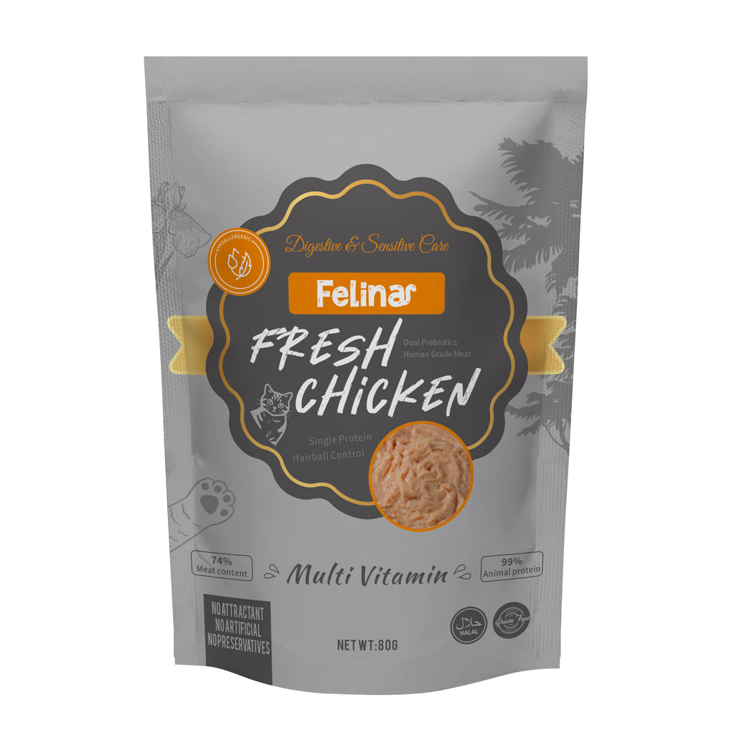 Felina chicken cat food Fresh Chicken with prebiotics and multivitamin formula, 80g, digestive care, suitable for all cat stages.