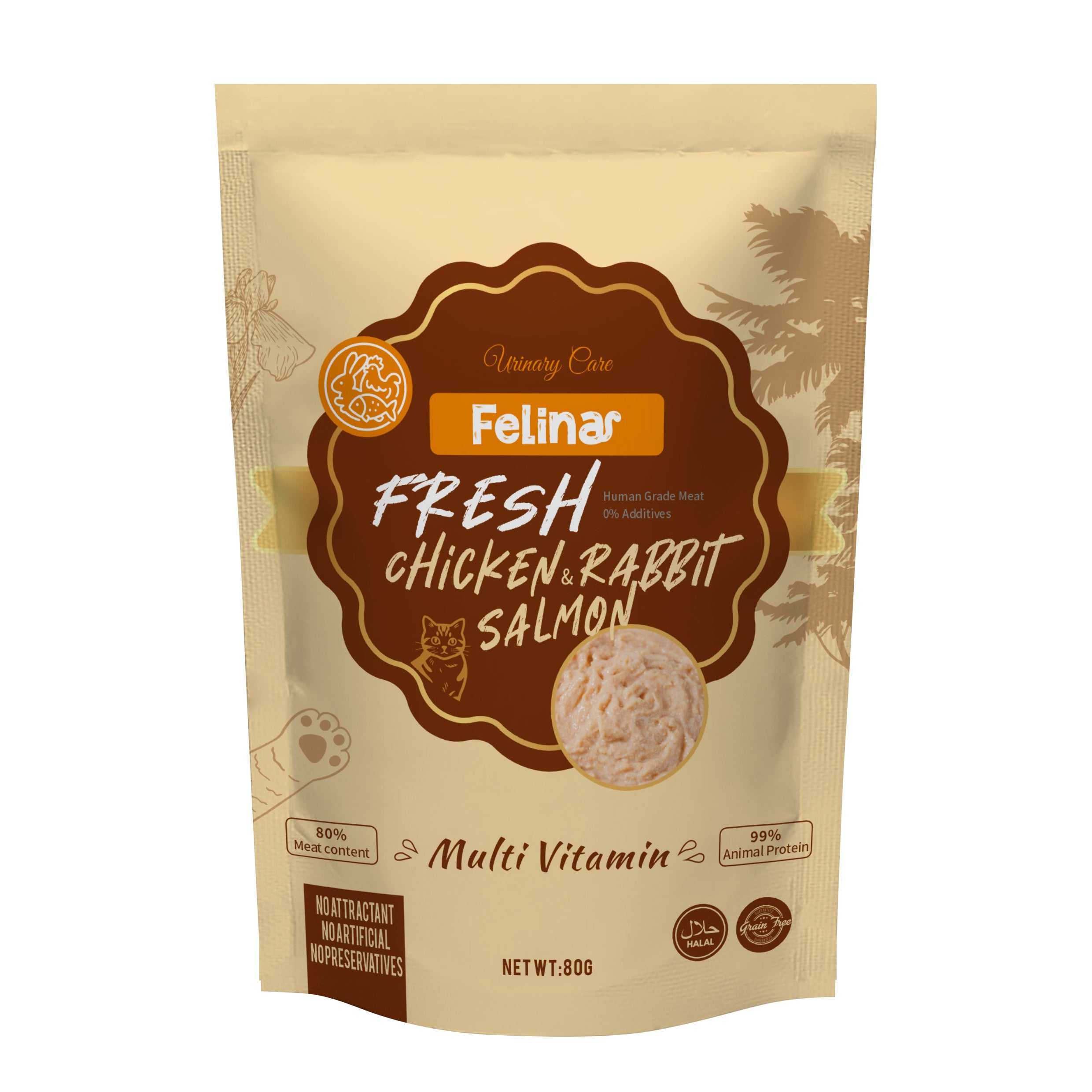 Felina Rabbit cat food Multivitamin Urinary Care formula with fresh chicken, rabbit, and salmon in 80g packaging.