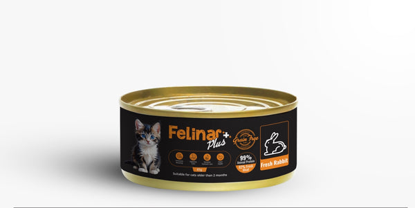 Felina+ rabbit cat food can, multivitamin formula with fresh rabbit, 85g, suitable for kittens and adults.