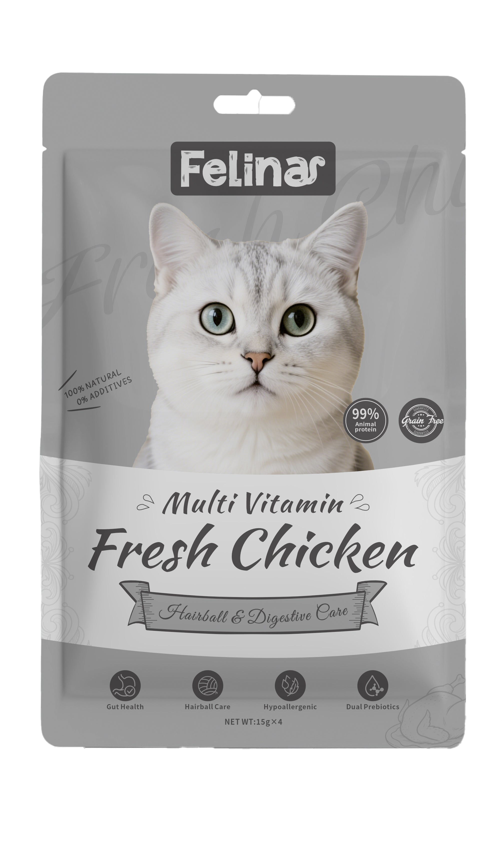 Felina cat treat Multivitamin formula Fresh Chicken packaging 4pcs 15g for hairball control and digestive care and hypoallergenic formula