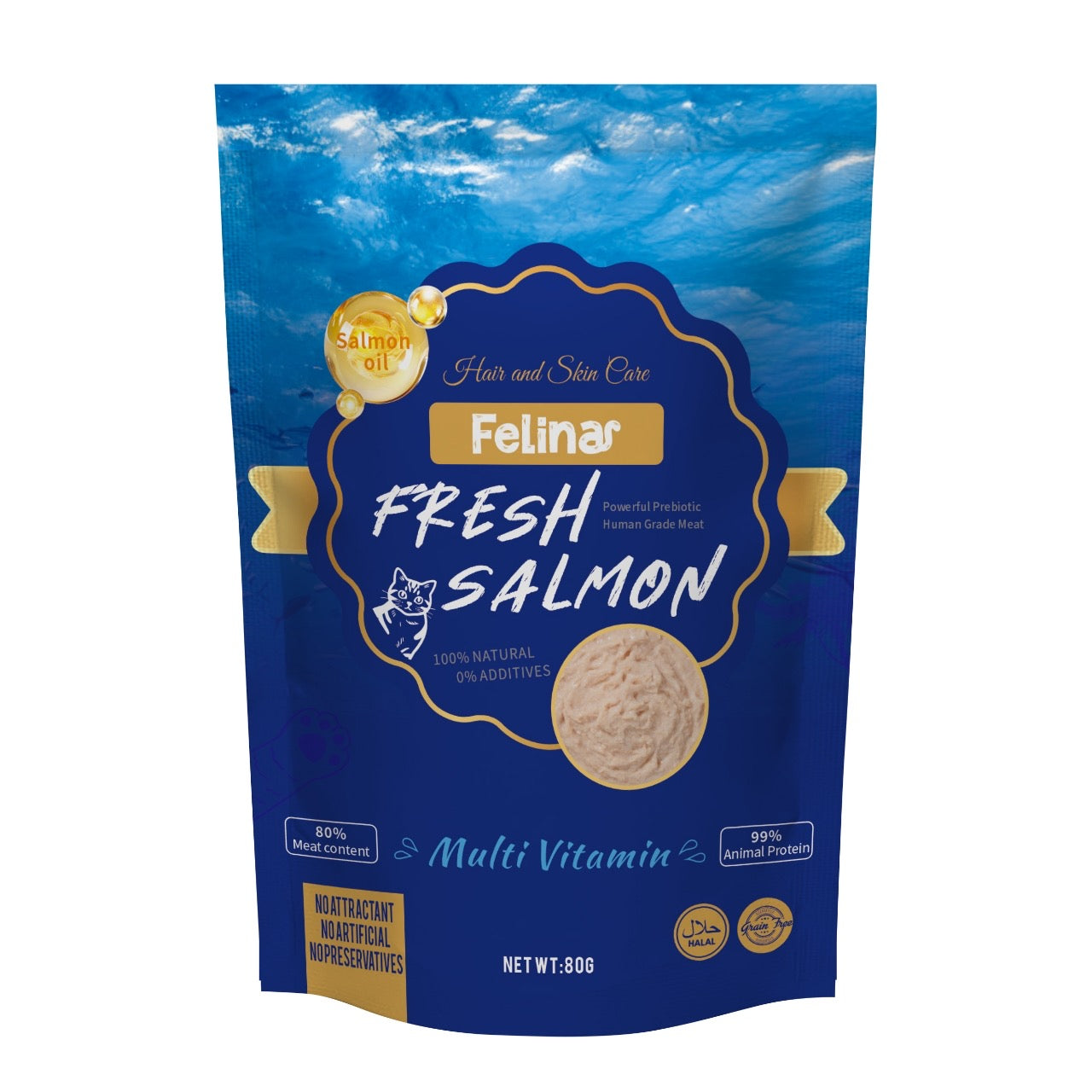 Felina salmon cat food Fresh salmon with salmon oil and multivitamin formula, 80g, hair and skin care , suitable for all cat stages.