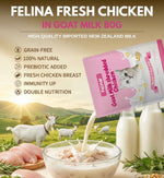 Felina Goat milk cat food with fresh chicken in goat milk, 80g pack highlighting high quality New Zealand milk, grain-free, and 100% natural.