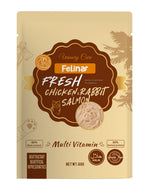 Felina fresh meat cat food multivitamin formula with chicken, rabbit, and salmon, 80g packaging.