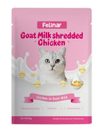 Felina Goat milk cat food Fresh Chicken in Milk 80g package featuring goat milk shredded chicken for cats.