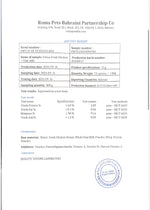 Lab test report for Felina Goat milk Cat food Fresh Chicken in Milk 80g detailing ingredients and quality assurance.