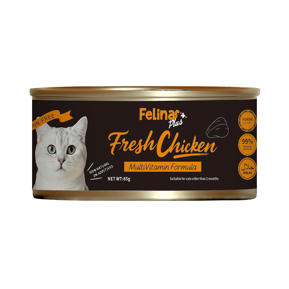 Felina+ Chicken cat food Hypoallergenic Multivitamin formula can with fresh chicken for sensitive cats. 99% animal protein and high fresh meat contetn. fresh chicken