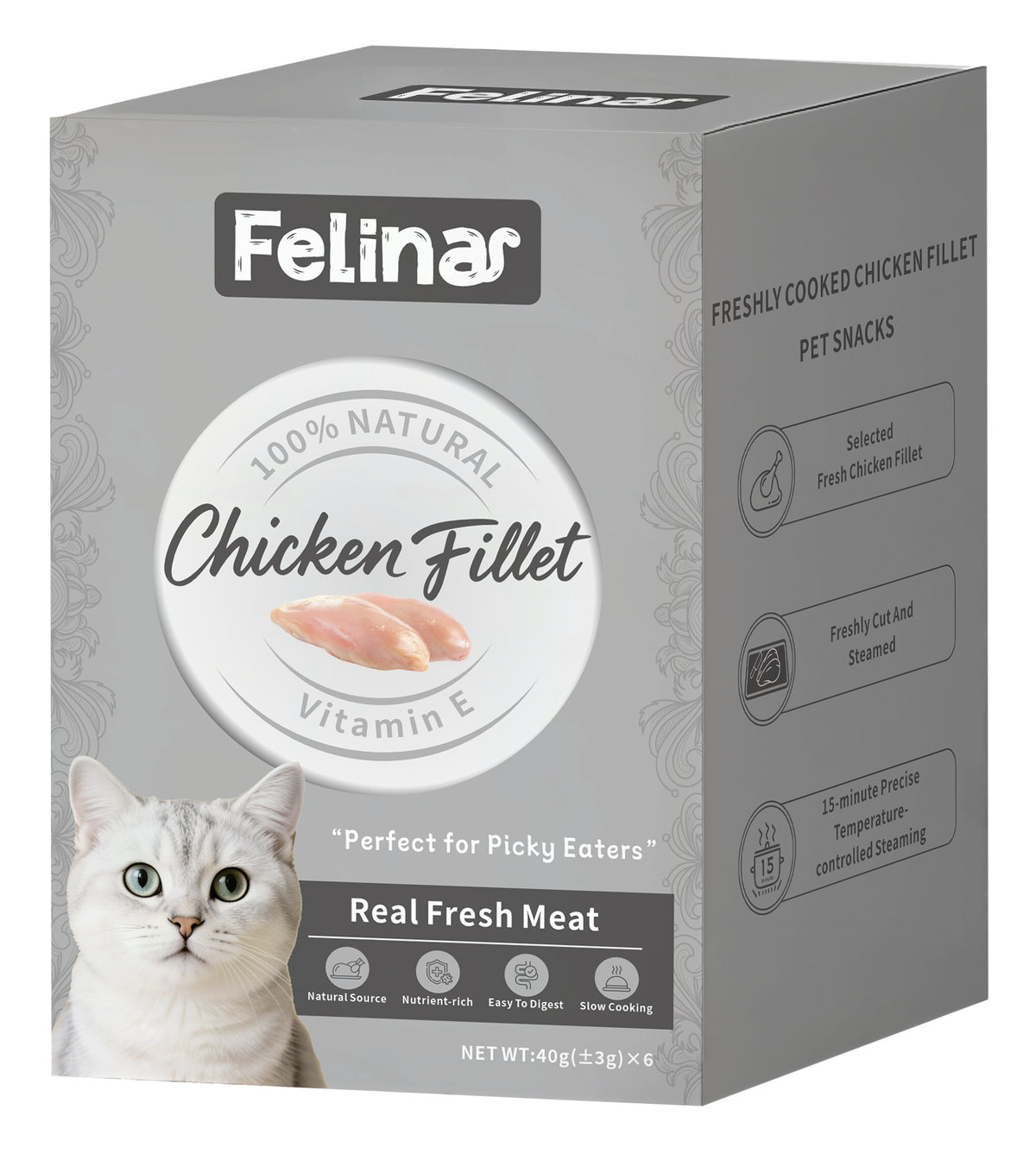 Felina Treat CAT and DOG 100% Natural Chicken Fillet packaging with cat, featuring real fresh meat snacks.