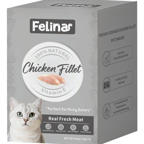 Felina Treat CAT and DOG PURE MEAT 100% Fresh Chicken Fillet in packaging with fillets on a plate.