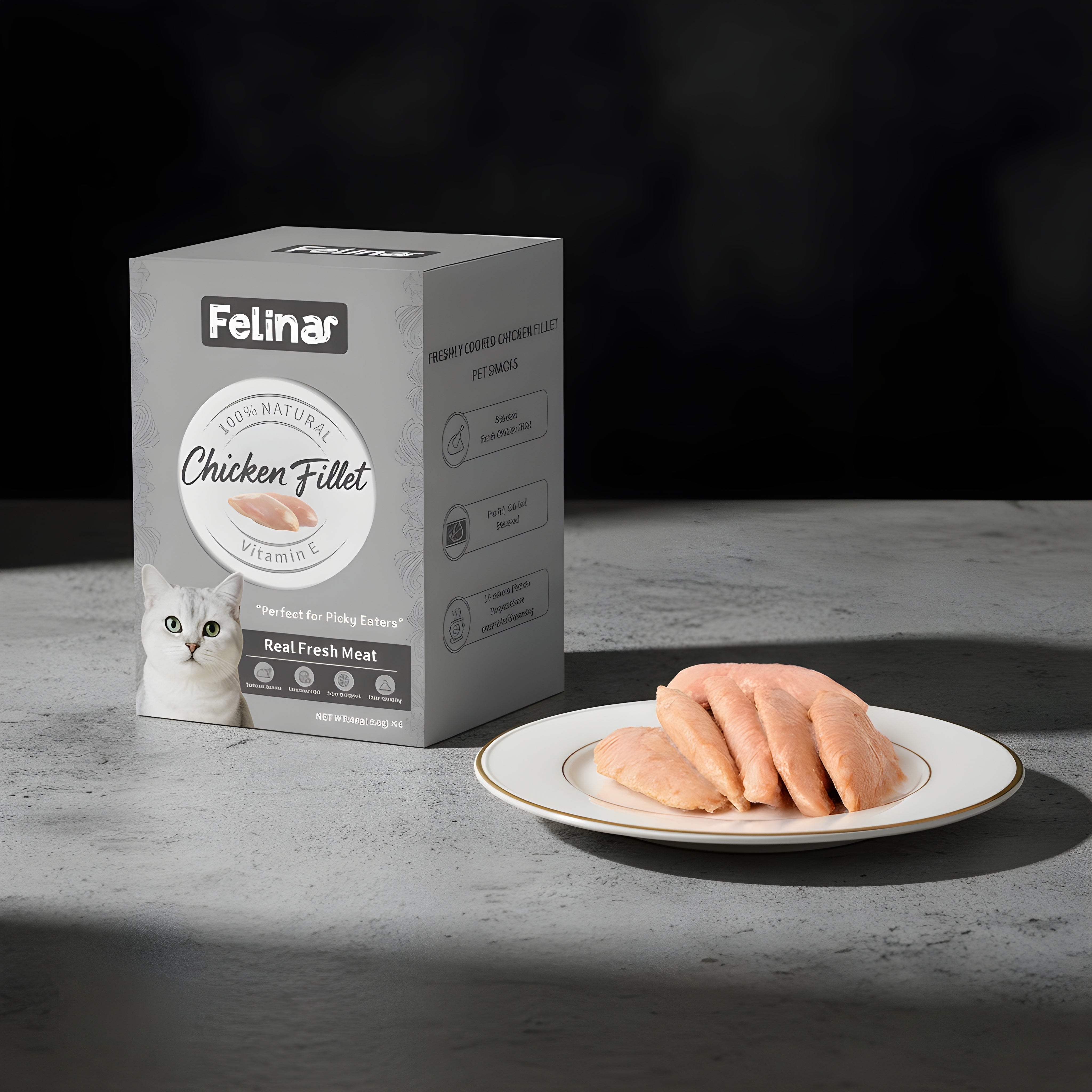 Felina Treat CAT and DOG PURE MEAT 100% Fresh Chicken Fillet in packaging with fillets on a plate.