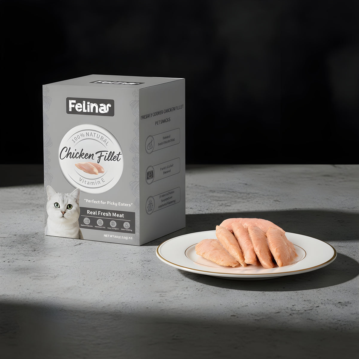 Felina Treat CAT and DOG PURE MEAT 100% Fresh Chicken Fillet in packaging with fillets on a plate.