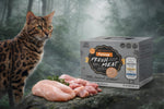 Felina fresh meat cat food box alongside fresh meat, featuring a Bengal cat in a forest background.