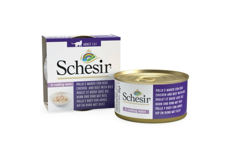 Schesir can for cats chicken and beef with rice in cooking water