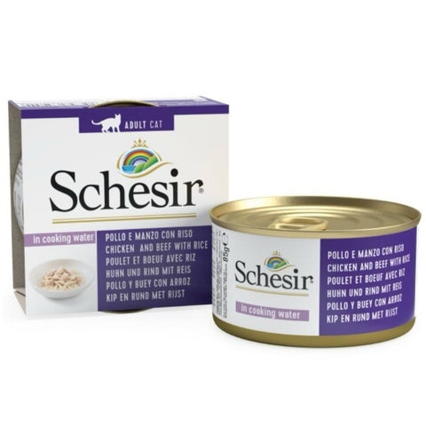 Schesir can for cats chicken and beef with rice in cooking water