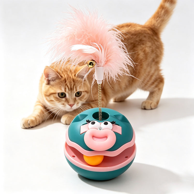 Cat wobble ball toy with teasing stick