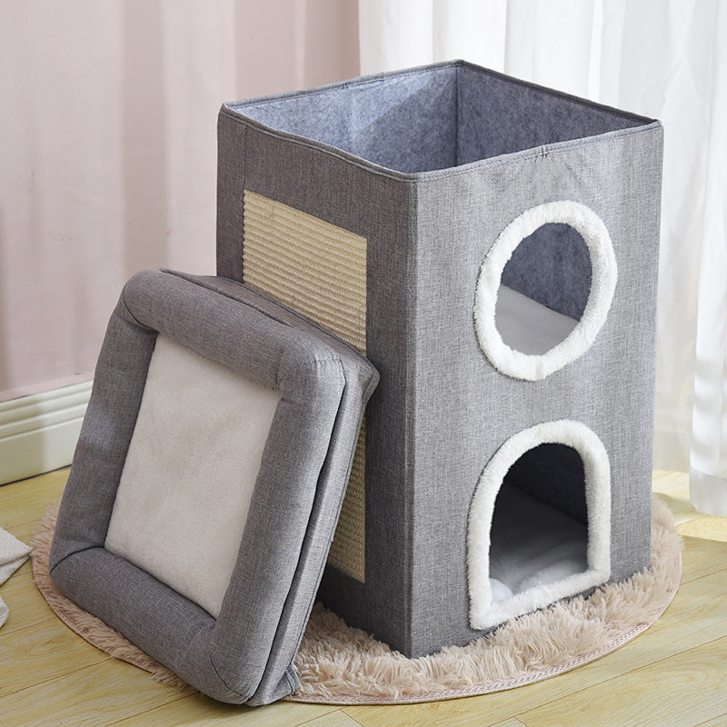 Three layer cat house with cotton mat and scratching post