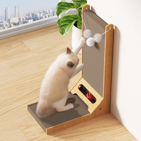 Pet L-shaped cat scratch board with toy and catnip