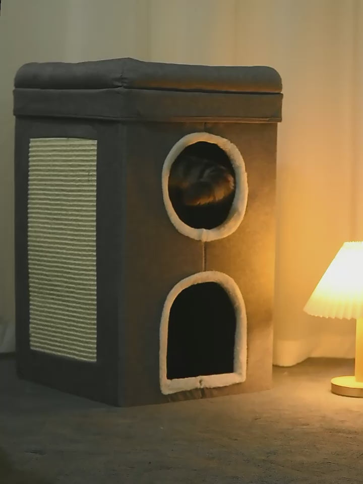 Three layer cat house with cotton mat and scratching post